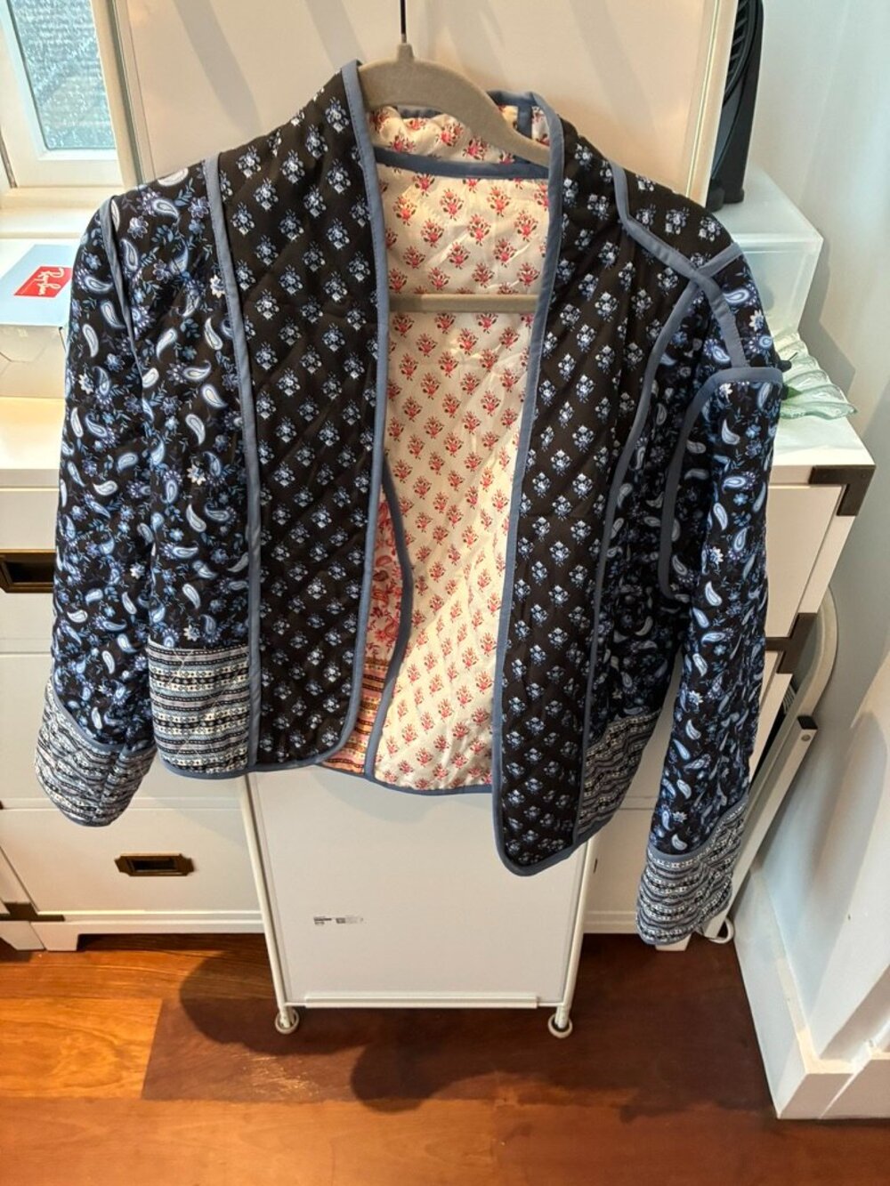 Quilted Reversible Floral Block Print Open Front Jacket in Blue, Pink & White